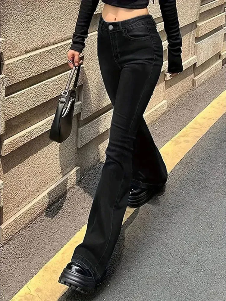 2025 女性シックなハイウエストフレアジーンズ女性新スリムフィットブーツカット安いデニムパンツファッション純粋な黒のベルボトムズボン