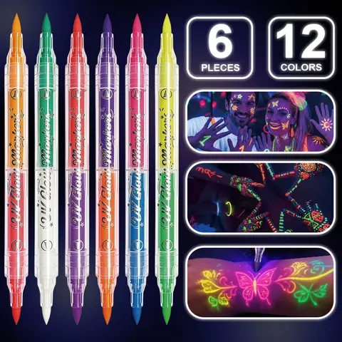 Stylos à peinture UV à double tête, 6 pièces, 12 couleurs, marqueurs fluorescents pour le corps et le visage, effet lumineux, stylos d'art DIY, Halloween, fête de Noël