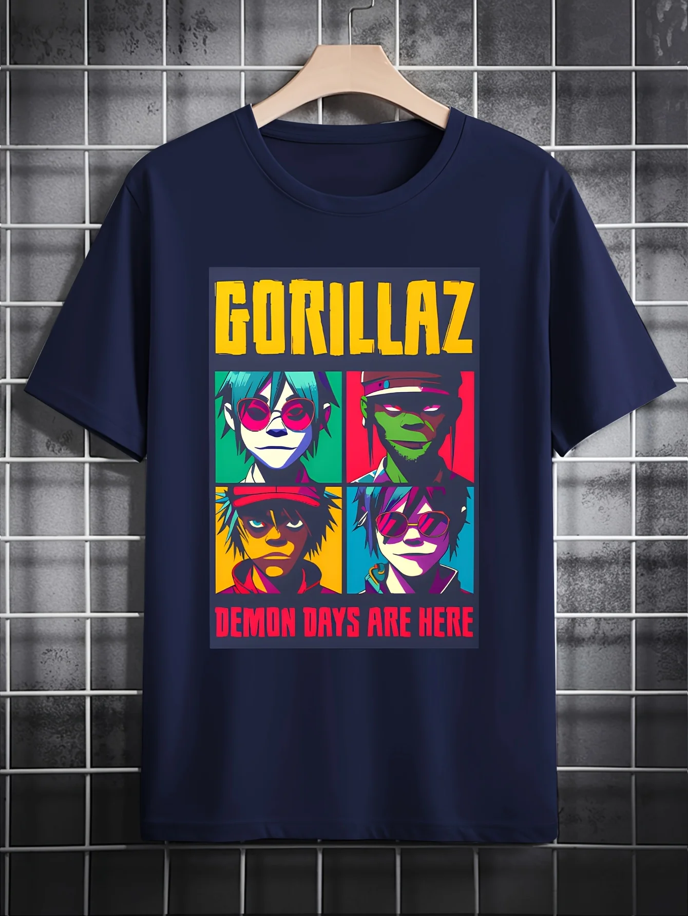 

Мужская черная футболка с рисунком в стиле ретро GORILLAZ Band Design с яркими цветными блоками, повседневные летние шорты