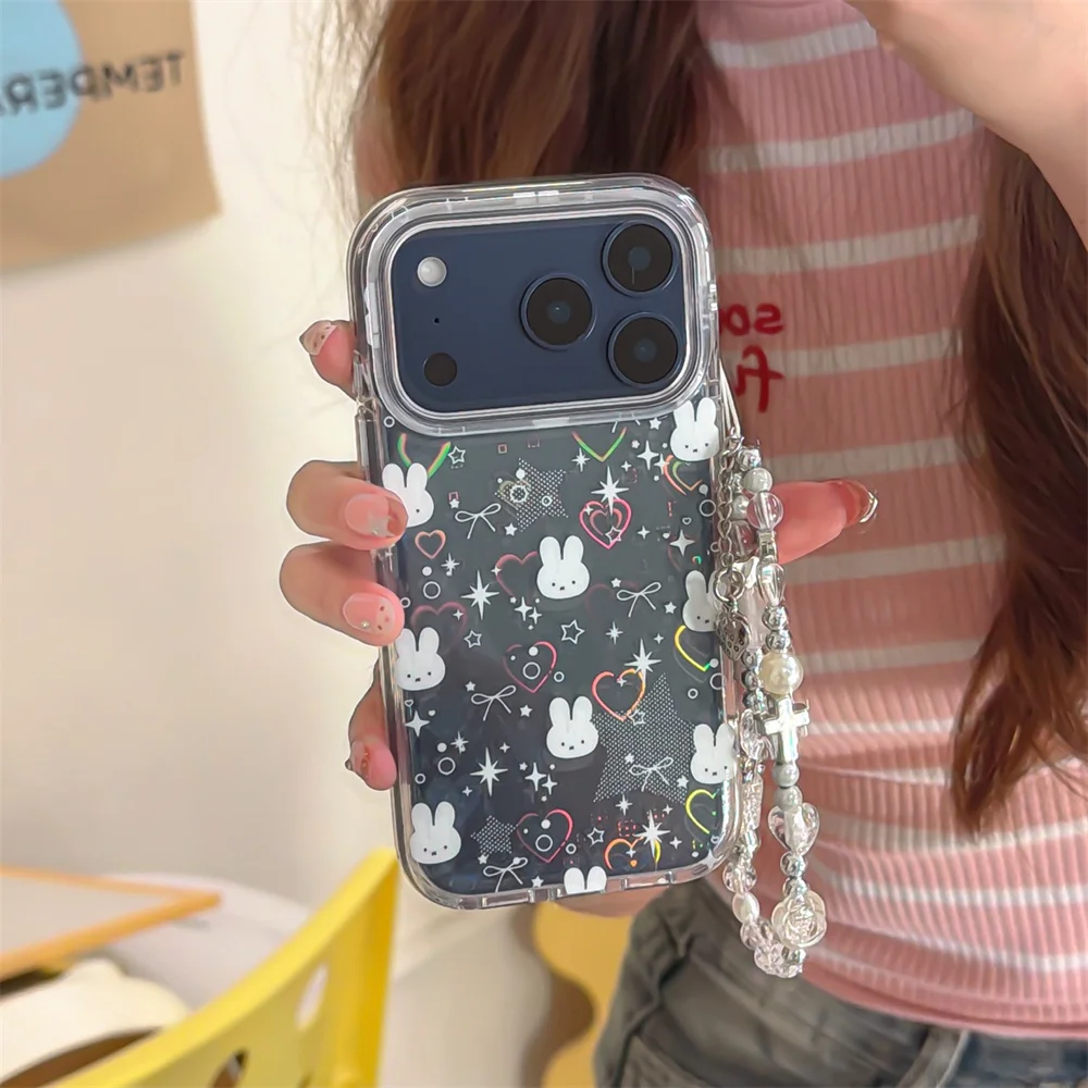 귀여운 별 리본 사랑 토끼 휴대폰 케이스 아이폰 13 14 15 16 17 프로 맥스용 힌지 포함 한국 INS 만화 충격 방지 케이스