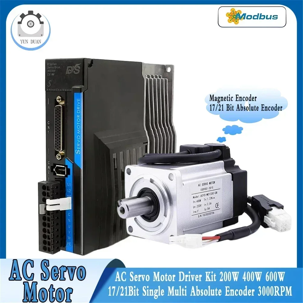AC 220V Servo Motor Driver Kit 200W 400W 600W 17/21/23Bit Single Multi Absolute Encoder 3000RPM 0.64~1.9Nm 60 Flange With RS485