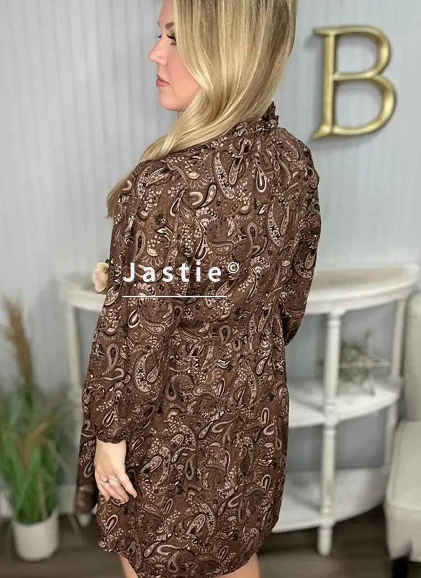 Minivestido Vintage con estampado de Cachemira marrón, cuello levantado, mangas largas abombadas, vestidos de mujer para primavera y otoño, Vestido de playa informal Retro bohemio