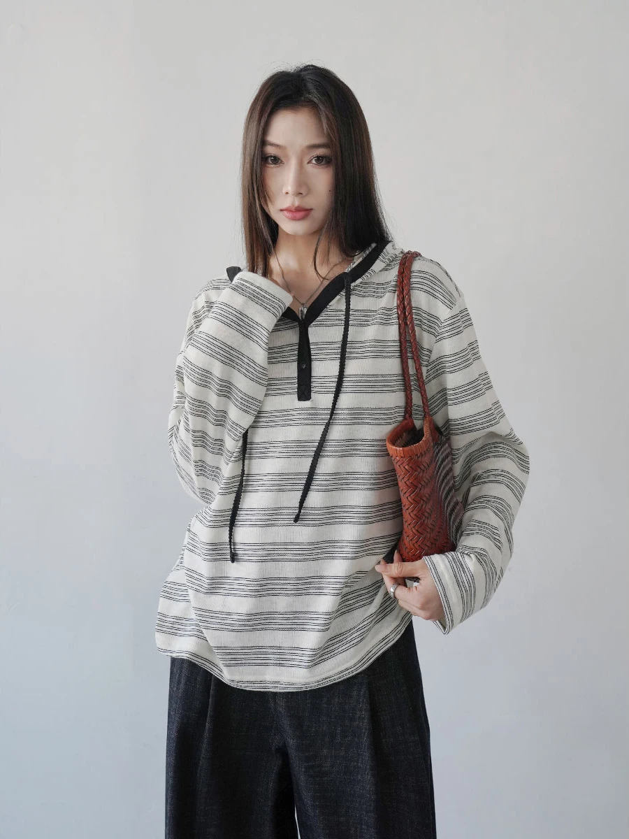 

Spring Early Thin Korean Sle College Wind Color Blo Striped Hooded Long Sve Knitted Women Casual Commuting Top T irt