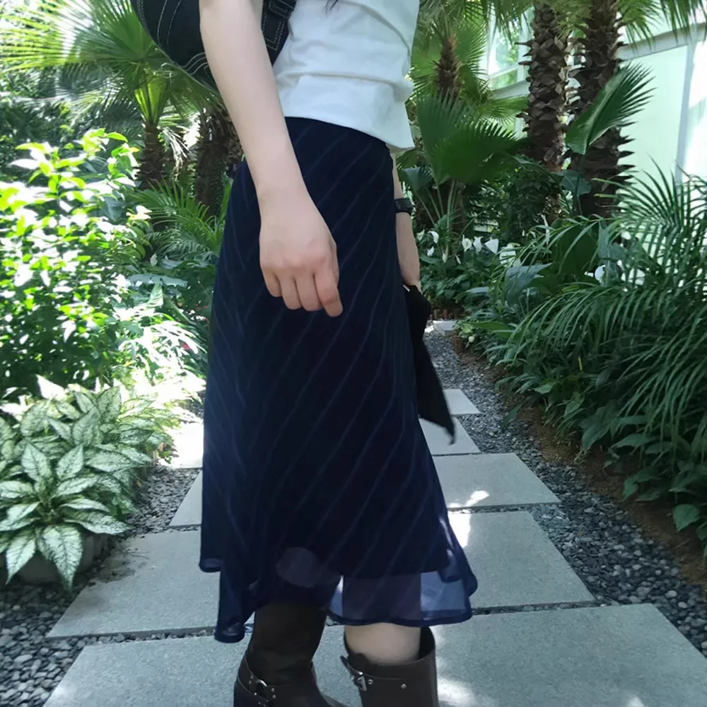 spring summer mid calf skirt women striped print double-layer mesh streetwear slim vintage midi skirt high waist elegant
