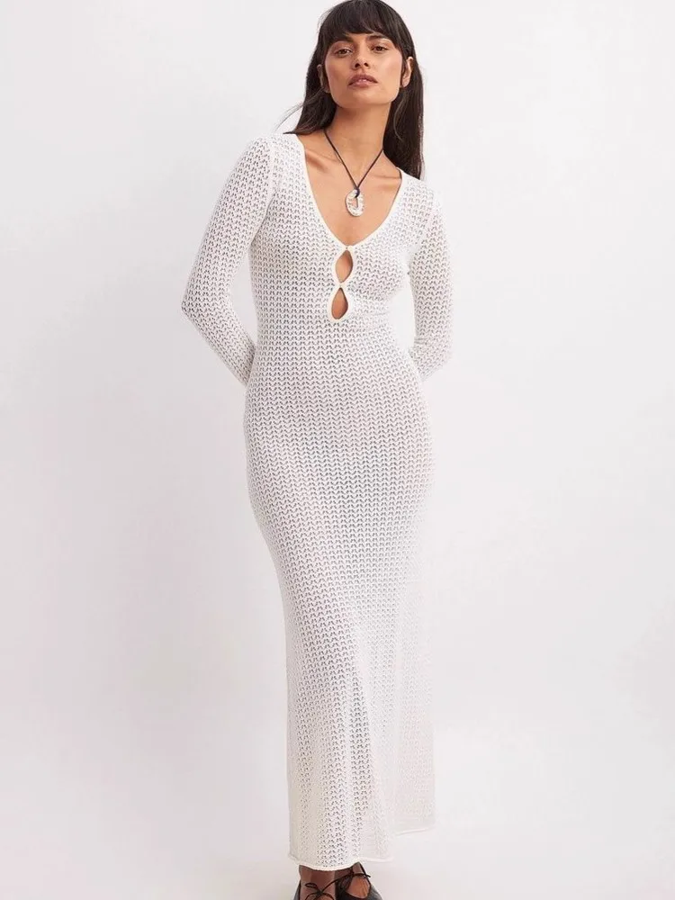 

Women Sexy White Knit Swimsuit Cover Up Deep V-neck Tie Hollow Out Long Sleeve Beach Maxi Dress 2026 Summer Holiday Outfit