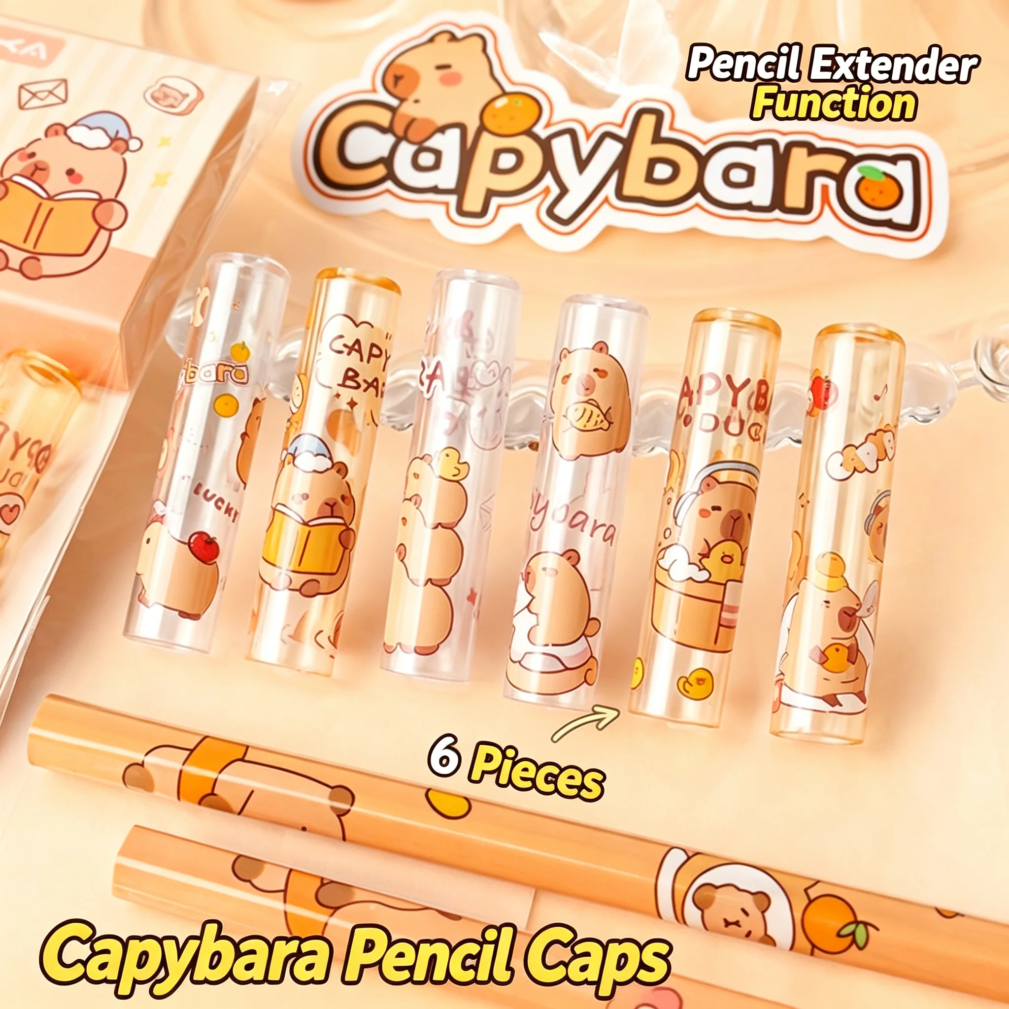 Cute Capybara Transparent Pencil Cap 6Pcs Set Pencil Tip Protector Anti Drop Pencil Extender Cover For Protect Hands