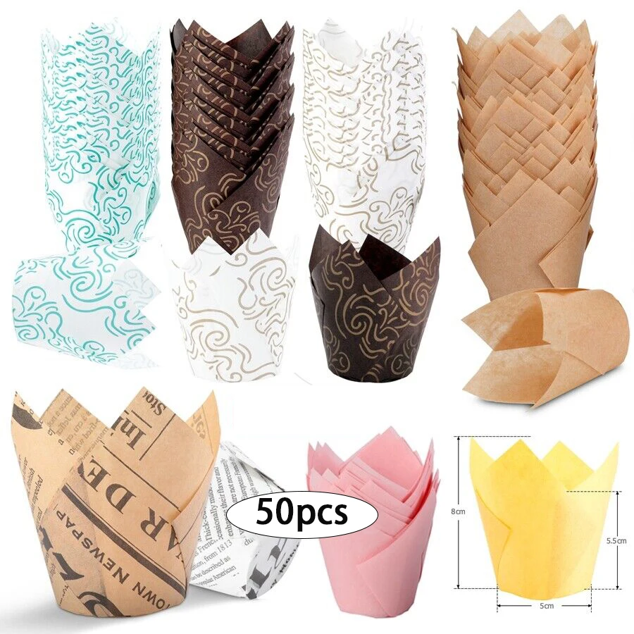 50pcs Newspaper Style Cupcake Muffin Liner Baking Oil Proof Cup Wedding Party Cassettes Tulip Muffin Cupcake Paper Cup Wrapper