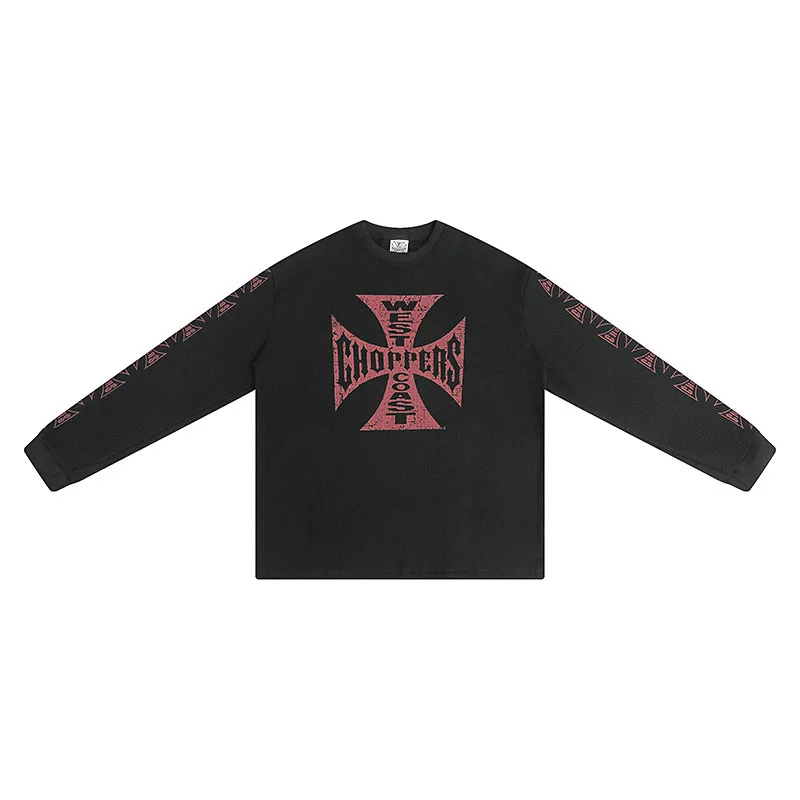 

2025 Autumn/Winter New Trendy Brand Iron Cross Printed Waffle Sanskrit Long Sleeve for Men and Women