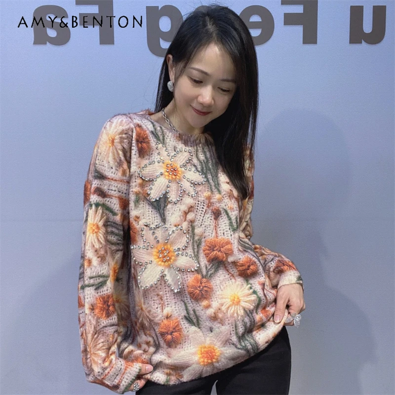 

2025 Winter New European Style Knitwear Women's Mink Fur Rhinestone Knitted Sweater Long Sleeves Crew Neck Sweater Top Pullovers