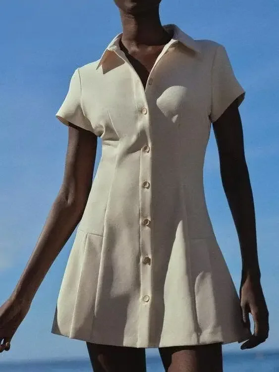 2025年ヨーロッパ夏新作レディースワンピースポロ襟通勤シャツショートAラインスカート