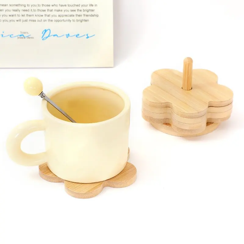 Flower Shaped Wooden Coaster Cute Heat Insulation Cup Mat Table Protection Pad for Kitchen Coffee Desktop Decoration