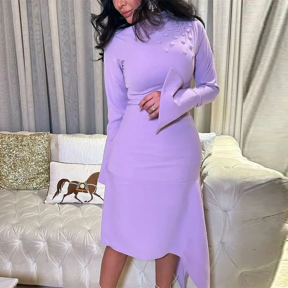 

Simple Lilac High Collar Mermaid Formal Occasion Prom Dresses Button Ankle-length Women Evening Party Dress فساتين السهرة