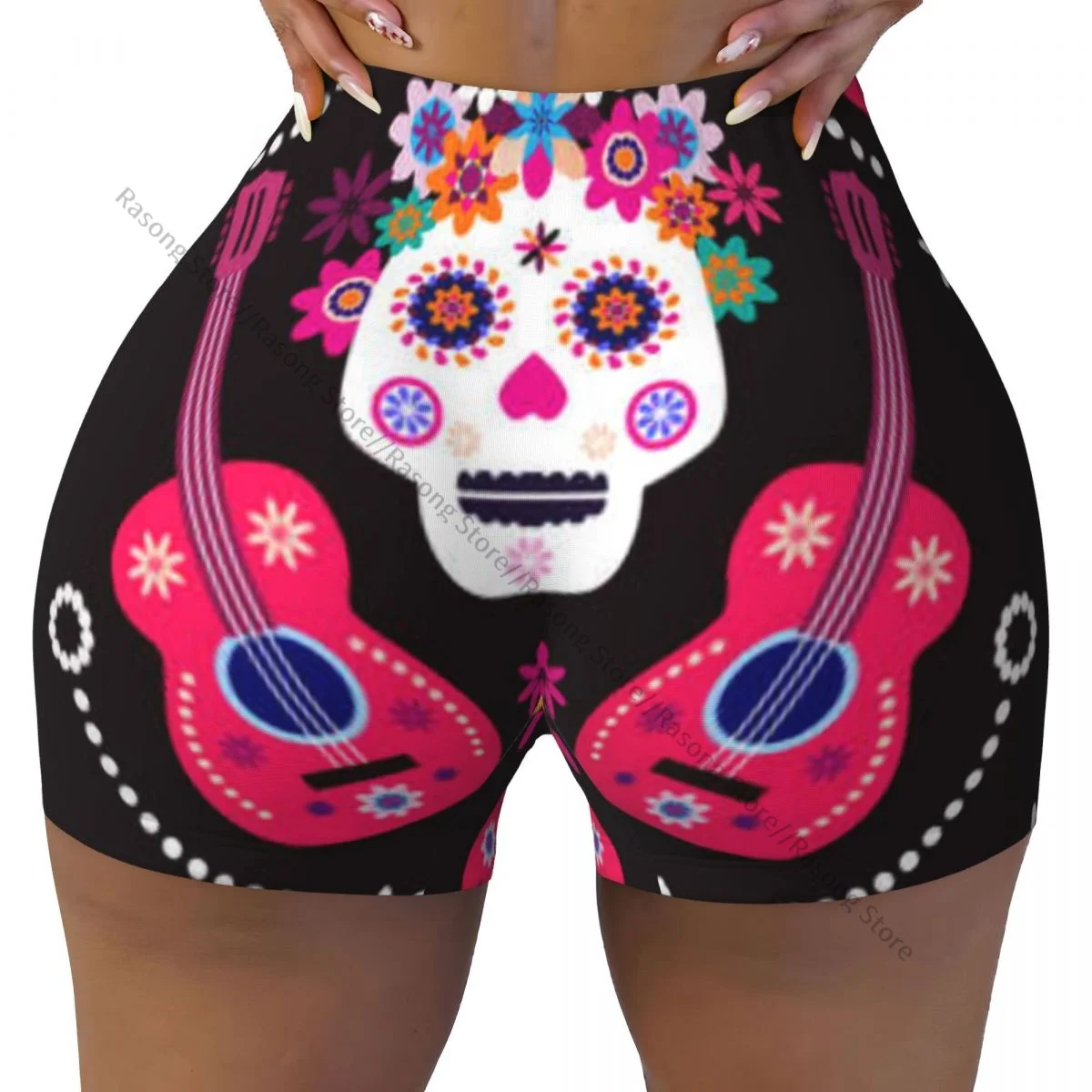 Sexy tight hip sports shorts Sugar Skulls And Marigold Flowers fitness women's comfortable yoga shorts