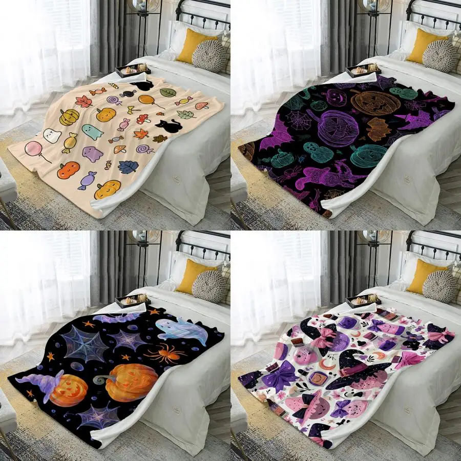 

Cute Halloween Pattern Microfiber Flannel Cover Blanket Bedroom Living Room Sofa Soft And Comfortable Home Decoration