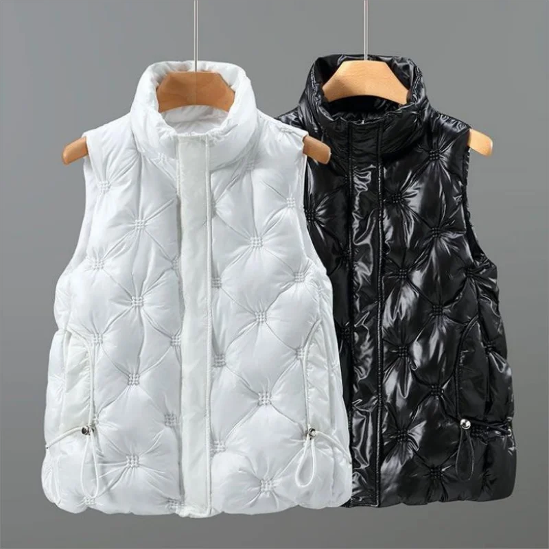 2024 Autumn Winter Women Short Vest Female Embroidery Sleeveless Jacket Coat Stand Collar Korean Coat