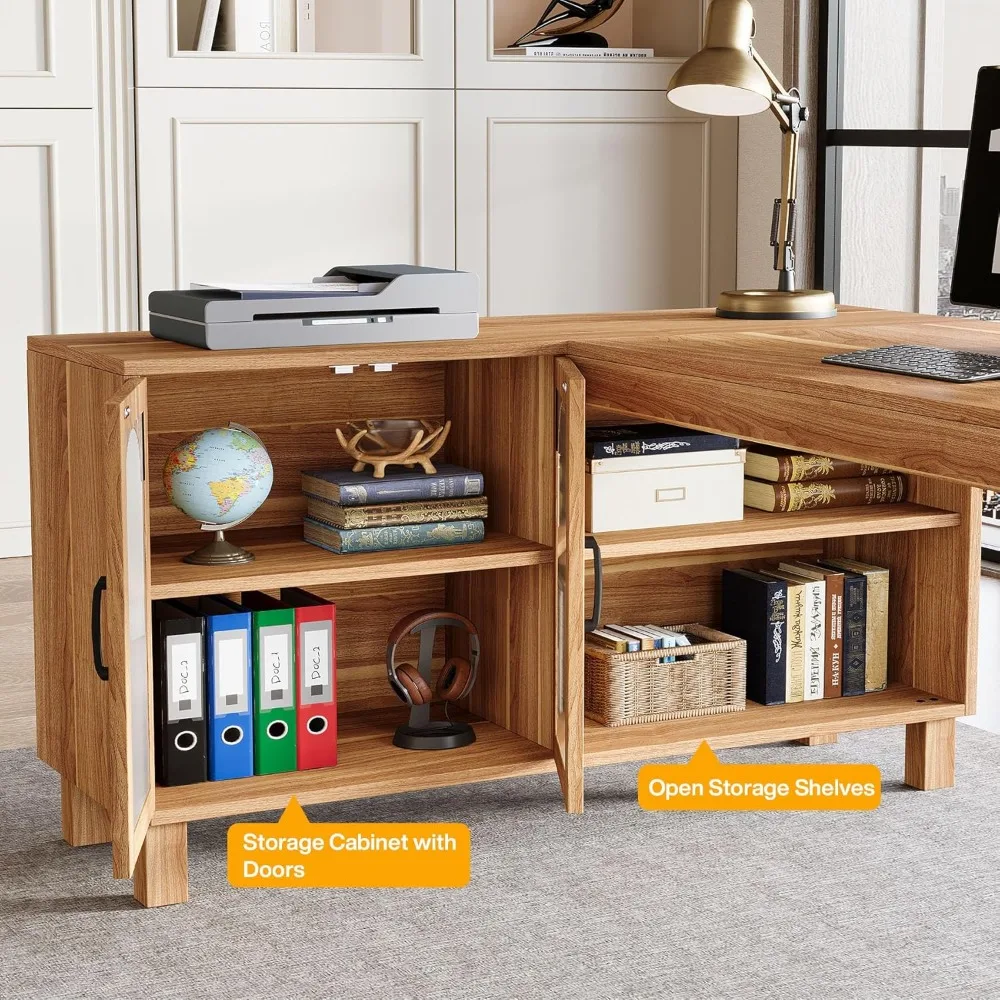 L-shaped office desk with filing cabinet, 59 inch administrative desk with storage rack, wooden study desk for writing