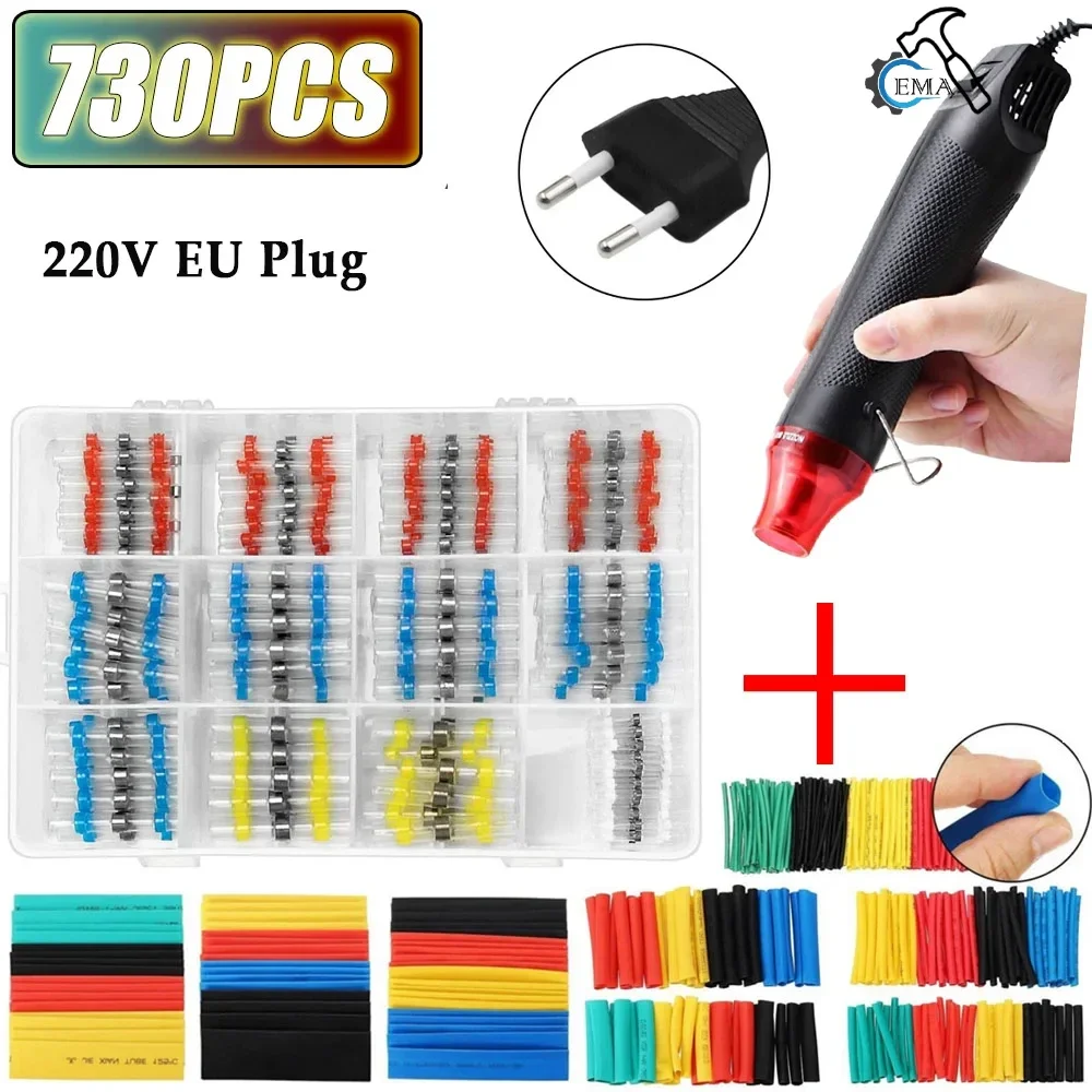 

200/530/730PCS Insulated Heat Shrink Butt Crimp Terminals Waterproof Electrical Solder Seal Wire Cable Splice Connectors Kit