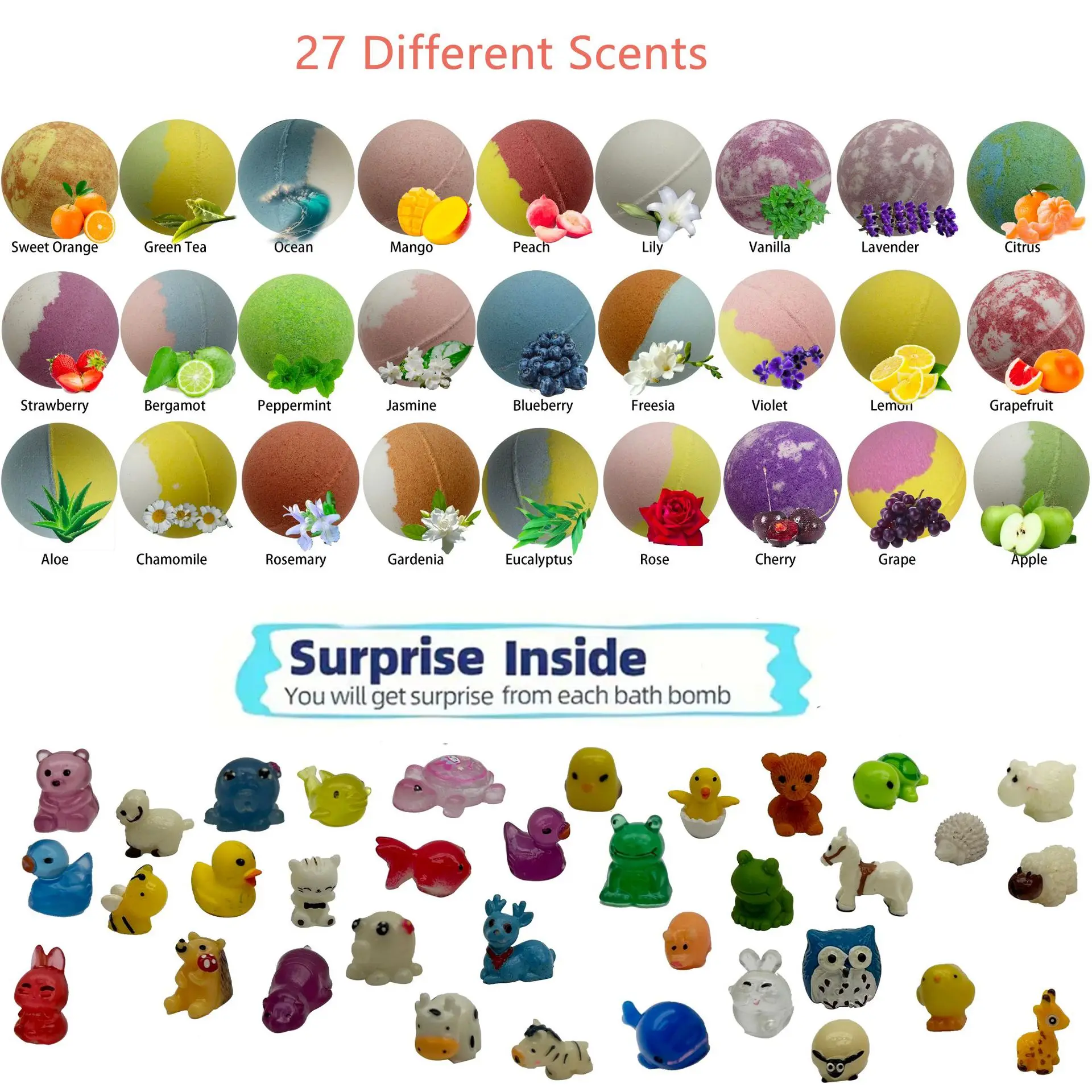 27 Scents Bath Bombs with Surprise Animal Toy Inside, Natural Fizzy Bubble Bath Bombs Gift Set for Kids, Gentle Bath Time Fun