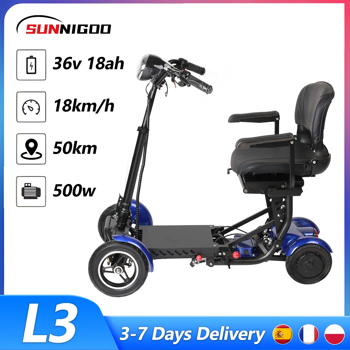 SUNNIGO 4-Rad-Mobilitätsroller Elektroroller Doppelter 500W Motor 36V 18Ah Lithium-Batterie Leichtgewichtig Faltbar Große Reichweite 50km