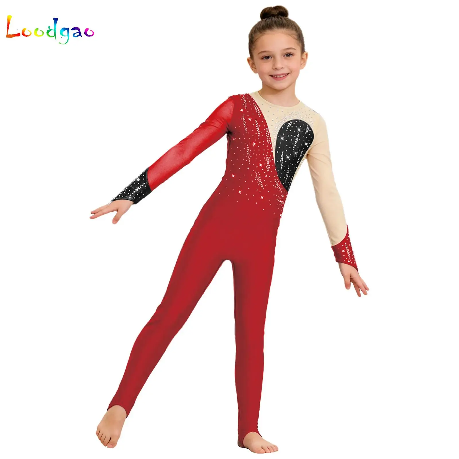 

Kids Girls Gymnastics Jumpsuit Performance Costume Mesh Long Sleeves Shiny Rhinestones Color Block Dance Stirrup Full Unitard