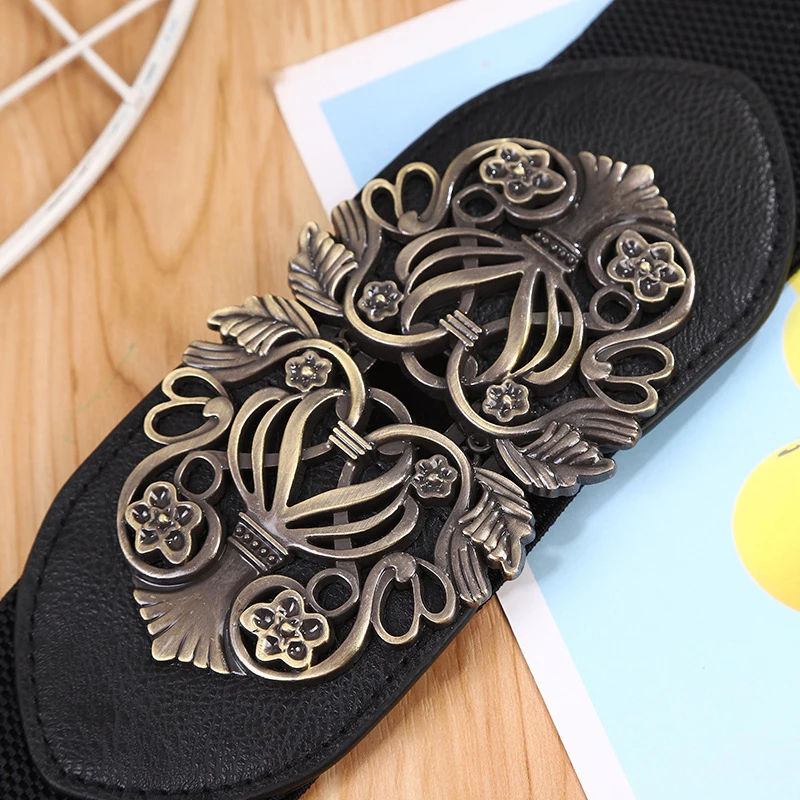 Elegant Metal Buckle Elastic Black Belt For Women Wide Waistband For Dress Coats Girdles Leisure Fashionable Waistband Belt