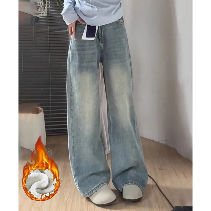Winter Girls Thermal Plush Straight Leg Jeans Female High Waist Snow Warm Velvet Trousers Lady Korean Fashion Denim Pants