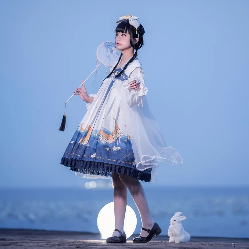 Robe de cosplay de style Hanfu prairie chinoise, Lolita Sweet Girls Jsk, dentelle Loli mignonne, impression à volants, lapin doux, ruban en maille bleue