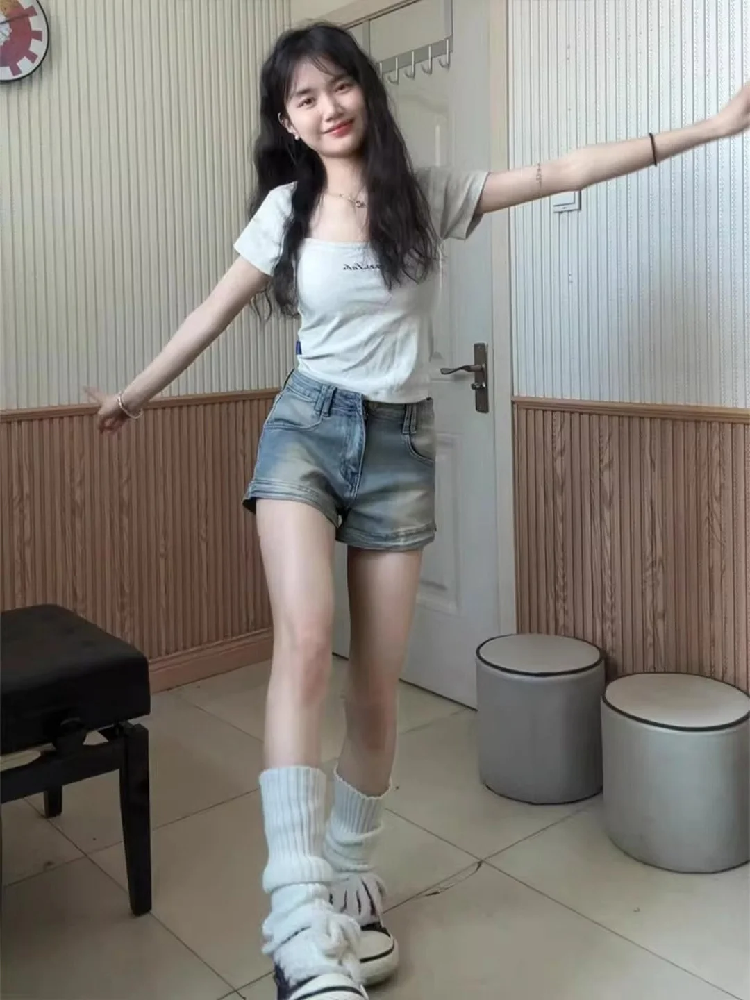

High Waist Slimming A-Line Straight Leg Short Jeans Women's Vintage Faded Summer Hot Pants Casual Denim Skirt