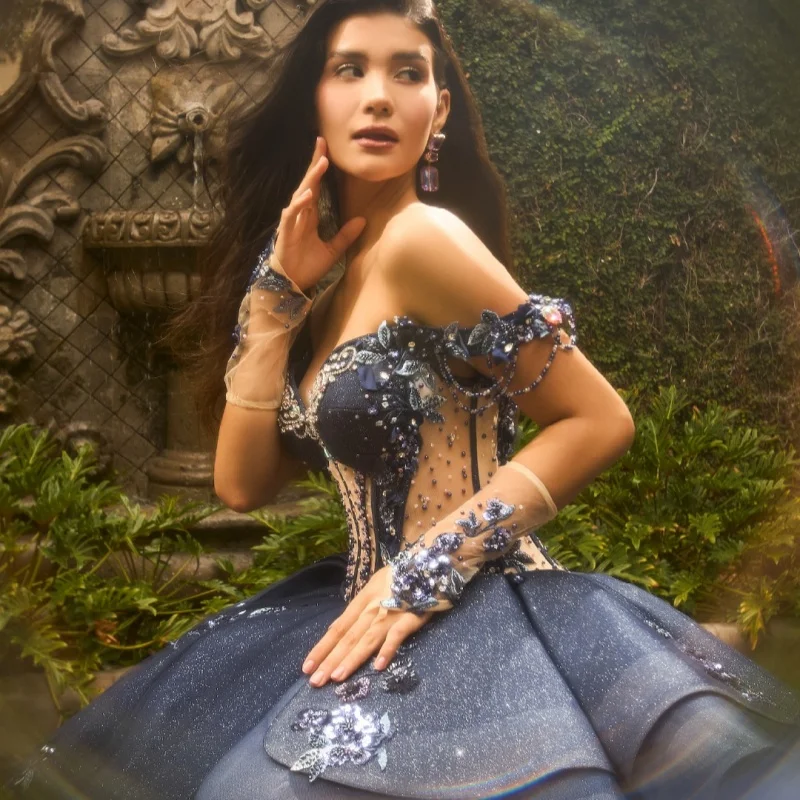 

Shiny dark blue Quinceanera Dress off-shoulder glitter flower Decal Long tail Bow vestidos de 15 Quinceanera ﻿Customize