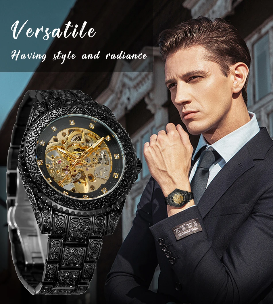 FORSINING ファッションレトロメンズスケルトン自動機械式時計ラインストーンクールブラックステンレス鋼ヴィンテージ彫刻時計