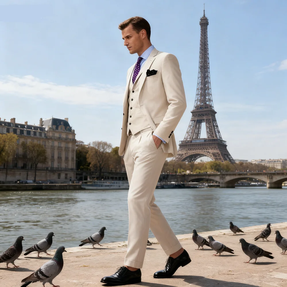 

Elegant Rose Red 3-Piece Slim Fit Men's Suit Double Breasted Blazer Vest Pants Set for Wedding Groom Tuxedo Business Party