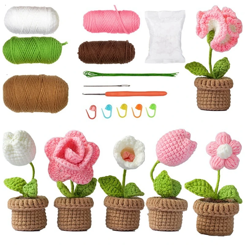 Beginner Crochet Set Kit -6 Pcs Easy Crochet Flower Set For Adult With Step By Step Video Tutorial Potted Plants For Home Decor