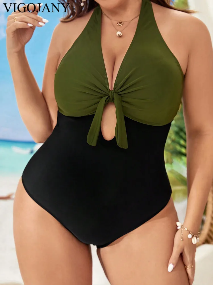 VigoJany 2024 Solid Patchwork Plus Size Swimwear Women Tied Halter Hollow One Piece Swimsuit Push Up Backless Big Bathing Suit