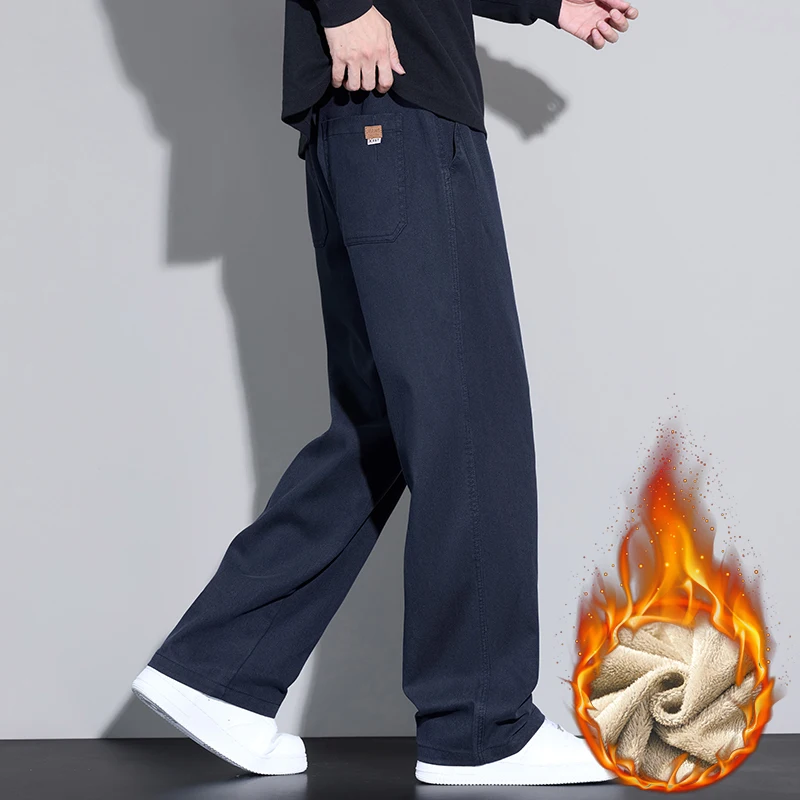 Celana Fleece Pria Musim Dingin Model Lurus Kasual Tebal Berbahan Beludru Hangat dengan Tali Serut Celana Panjang Lebar Merek Pria