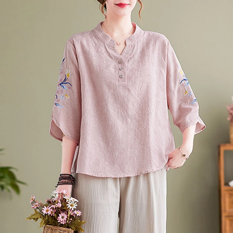 2024 Summer Women Vintage Ethnic Style Embroidered Blouses Casual Solid Loose Cotton Linen Shirts Ladies V Neck 3/4 Sleeve Tops