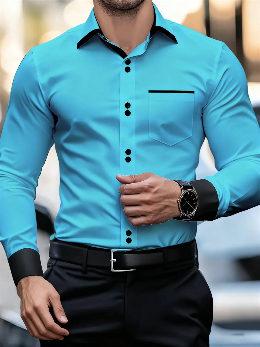 Zakelijk overhemd met lange mouwen voor heren, kleurblokken, slim fit, kreukvrij, zwart en wit patchwork overhemd, herenmode top