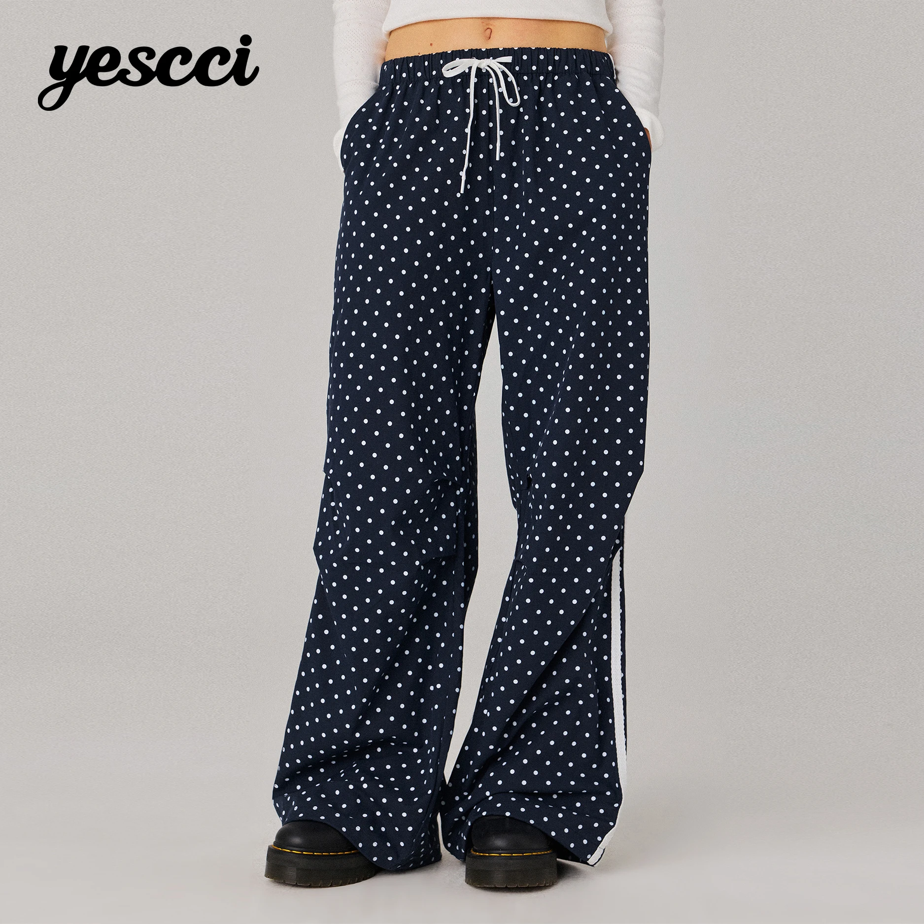 YESCCI Women Pants Navy Polka Dot Wide Leg Trousers With Side Stripe Contrast Lace Trim Loose Casual Pants For Woman Y716081027