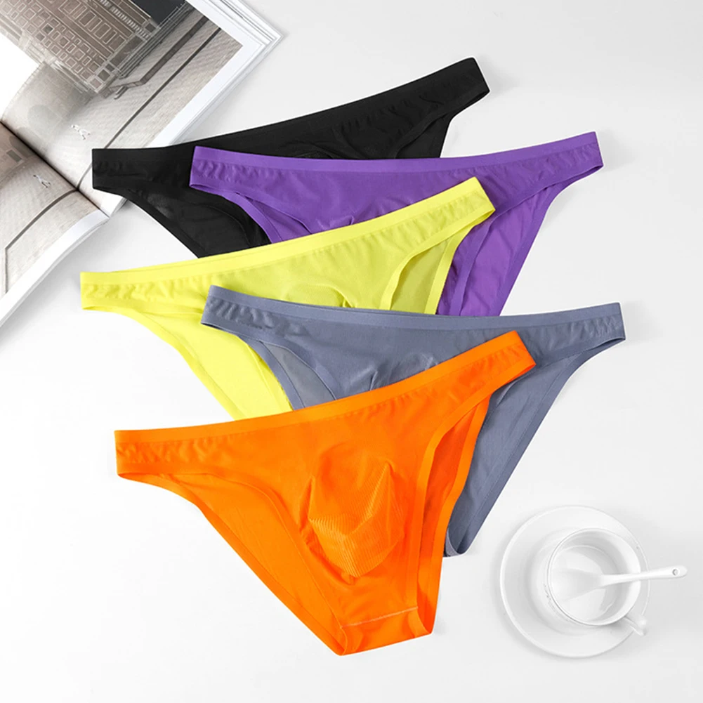 Tanga Sexy de seda helada sin costuras para Hombre, calzoncillos ultrafinos transparentes, suspensorio, ropa interior para Hombre, calzoncillos con bolsa convexa en U