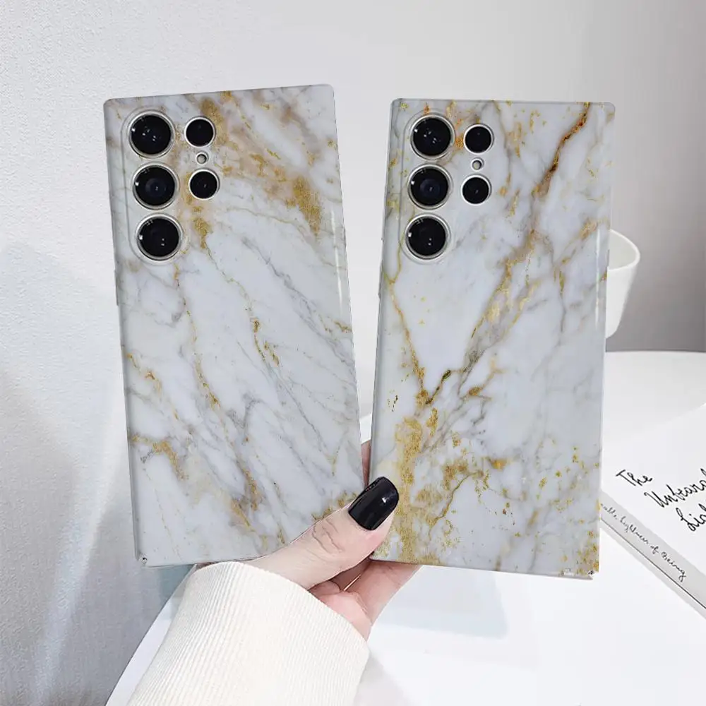 

White Marble Phone Case Film Shell Samsung S25 24 23 ULTRA Plus S22 Glossy HD Hard Cover