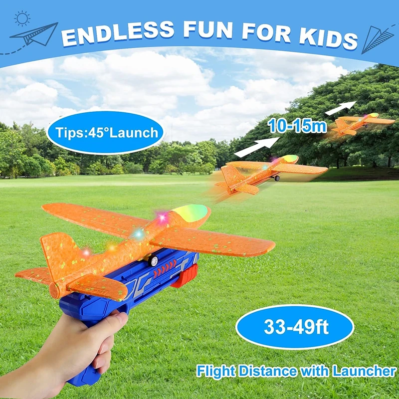 Kids Airplane Launcher Toys 13.2\'\' LED Foam Glider Catapult Gun Plane for Children Outdoor Flying Toys Birthday Gifts for Boys