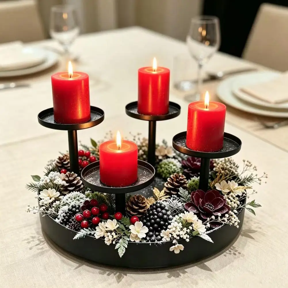 4 Head Metal Candle Holder Iron Taper Candle Stand Metal Pillar Candle Holder Set 4-pillar Tiered Circular Stand for Christmas