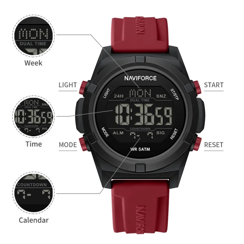 NF7127 NAVIFORCE ساعة إلكترونية للرجال ساعة رياضية متينة حزام السيليكا ساعة رقمية LED الخلفية 5ATM مقاومة للماء #2