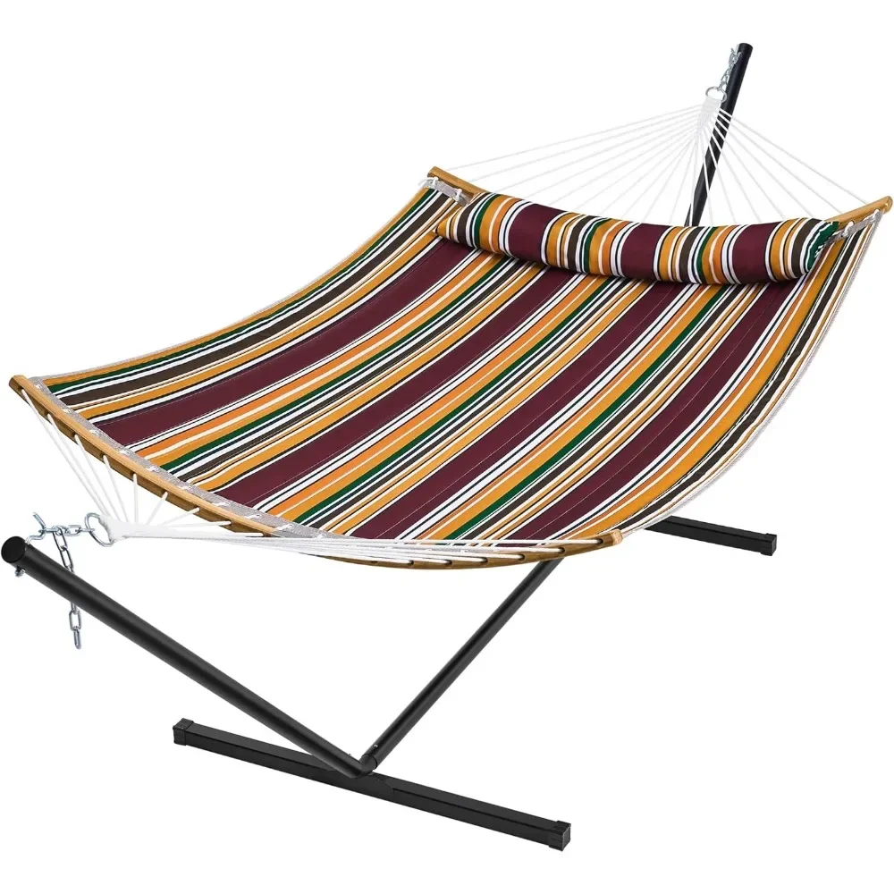 Hammock with Stand, 2 Person Heavy Duty Hammock Frame, Detachable Pillow & Strong Curved-Bar & Portable Carrying Bag,Perfect