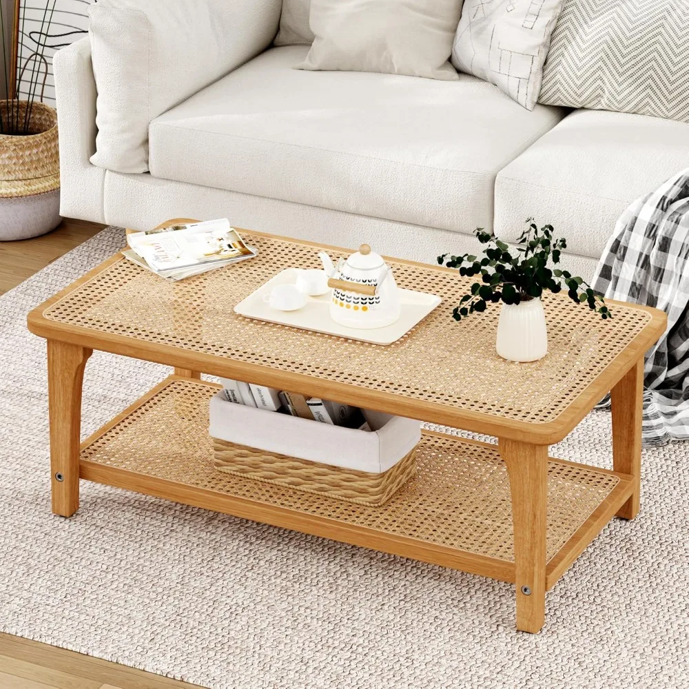 

Rattan Rectangle Coffee Table Boho Wood Tea Table 44 Mid Century Modern 2-Tier Center Table for Living Room Office