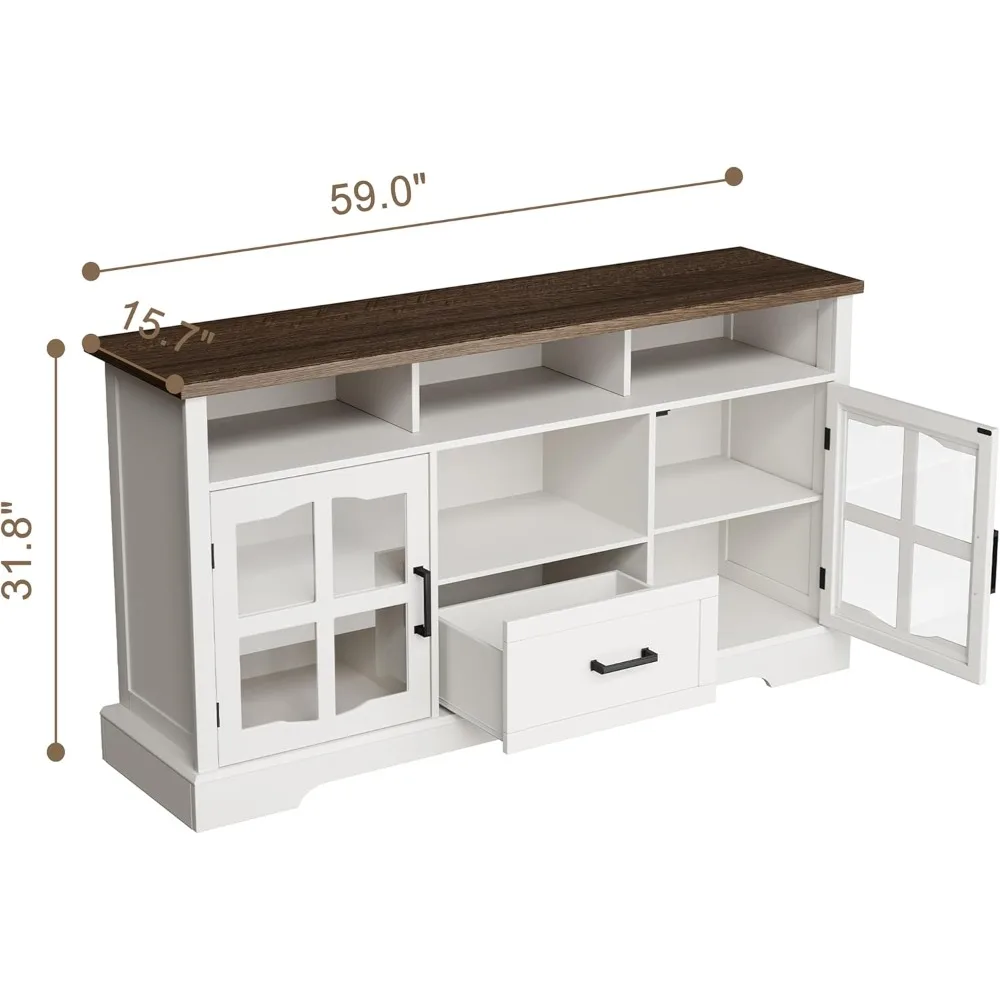 farmhouse tv stand for 75 inch tv, modern entertainment center with glass cabinet doors, tv console with adjustable shelves, wh