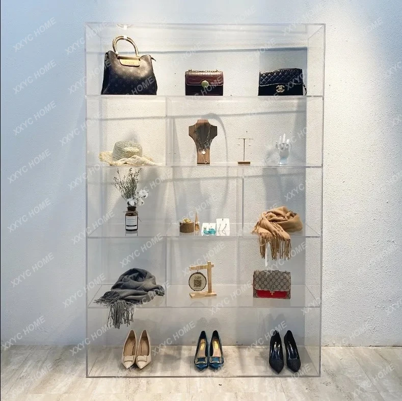 Acrylic transparent color display cabinet custom-made clothing store with lights on the wall floor-to-ceiling display shelves