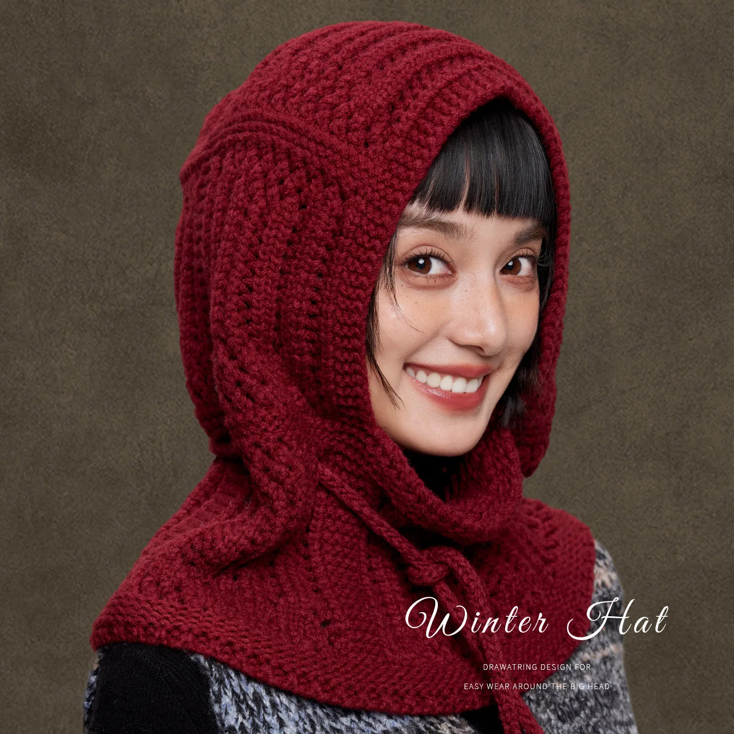 Women Red Knitted Balaclava Hat Korean Style Ear Beanie Autumn Winter Windproof Warm Thermal Full Head Cover Ladies Pullover Hat