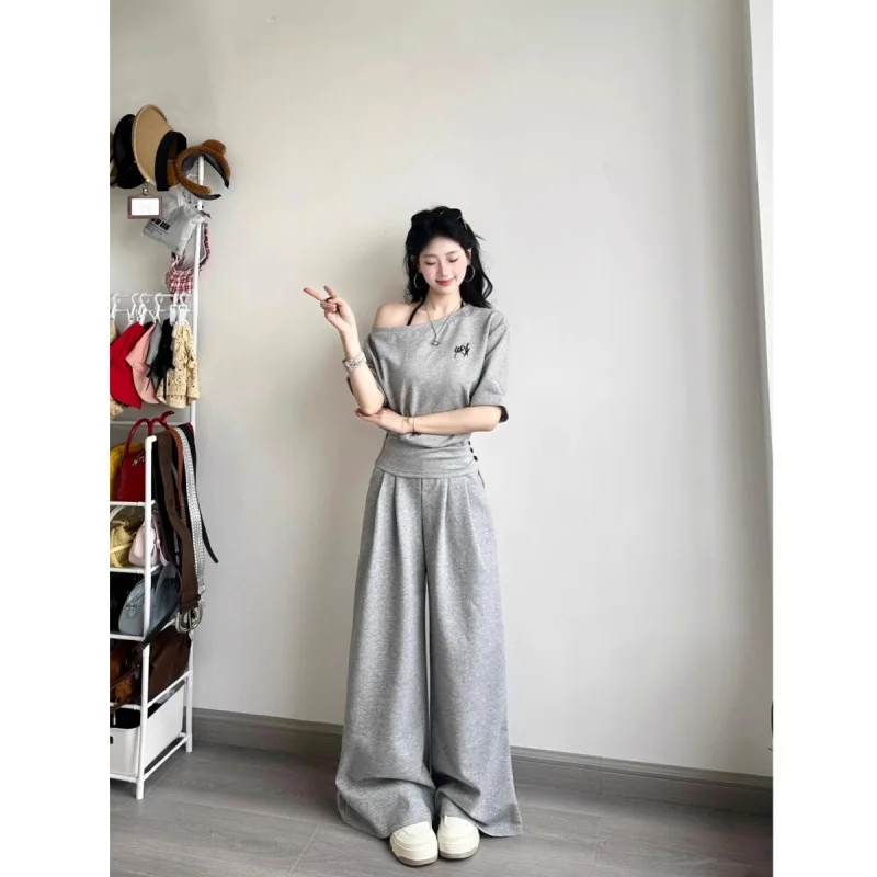 2025 Fashion Salt Style Girl Casual Sports Suit for Women One-Shoulder Waist-Cinching Short Sleeve Wide-Leg Pants Two-Piece Set