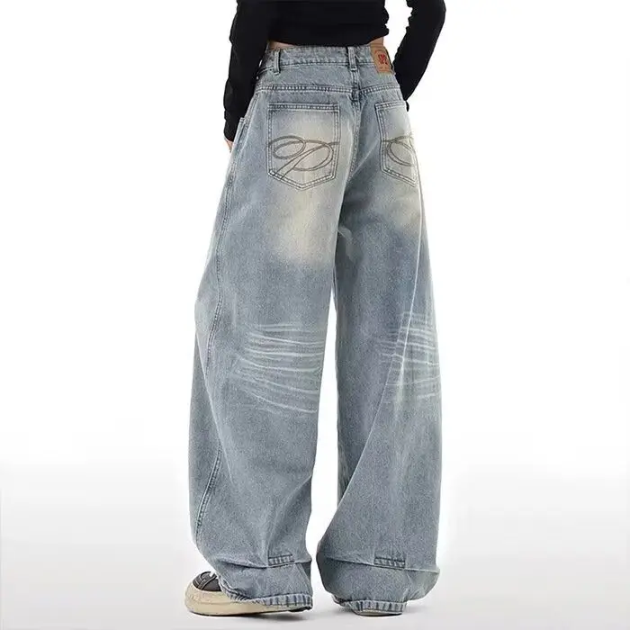 

Retro High Waist Wide Leg Denim Jeans Women Loose Fit Straight Cut Dra Pants Autumn Spring Casual Blue Cotton Polyester