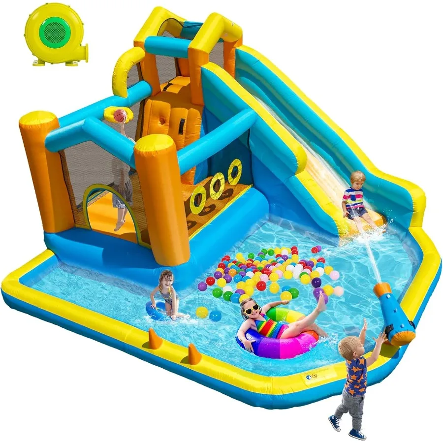 Tobogán acuático inflable para casa de rebote 8 en 1, parque acuático con soplador de 450W, pared de escalada, piscina con salpicaduras, cesta, cañón de agua genial